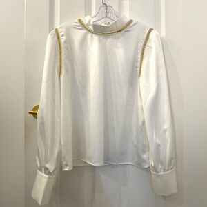 NWT H Halsten White Long Sleeved Blouse w Gold Chain Accents, sz L